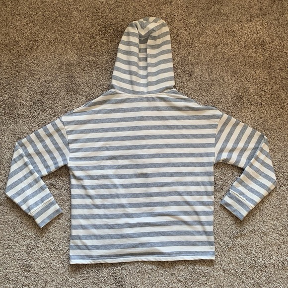Emery Rose Pullover Women's Small Long Sleeve Shirt Gray White Stripe Hood - Picture 2 of 9